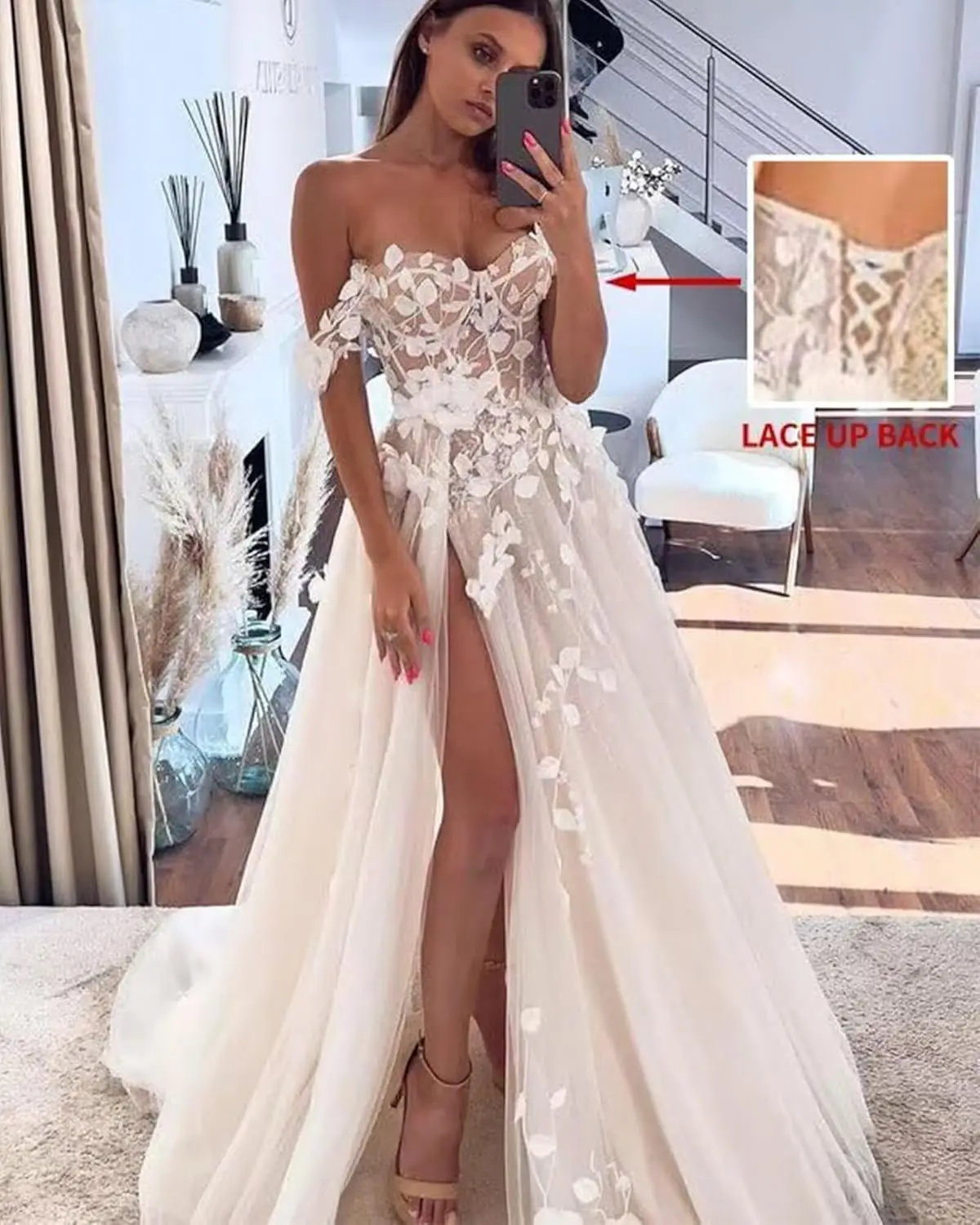 Off The Shoulder Lace Appliques Wedding Dresses for Bride Tulle Bridal Dresses with Slit A Line Bride Gowns with Train Off The Shoulder Lace Appliques Wedding Dresses for Bride Tulle Bridal Dresses with Slit A Line Bride Gowns with Train