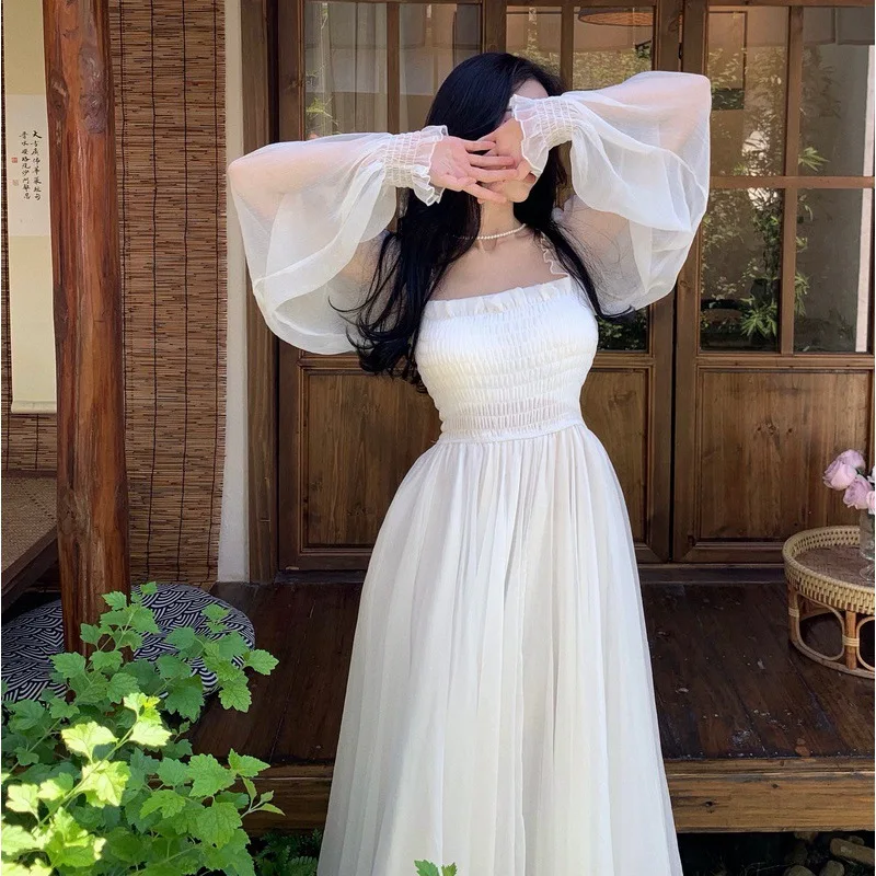 Horetong Elegant Maxi Dresses For Women White Off Shoulder Puff Long Sleeve Elastic High Waist Party Gown Ruffle Holiday Dress