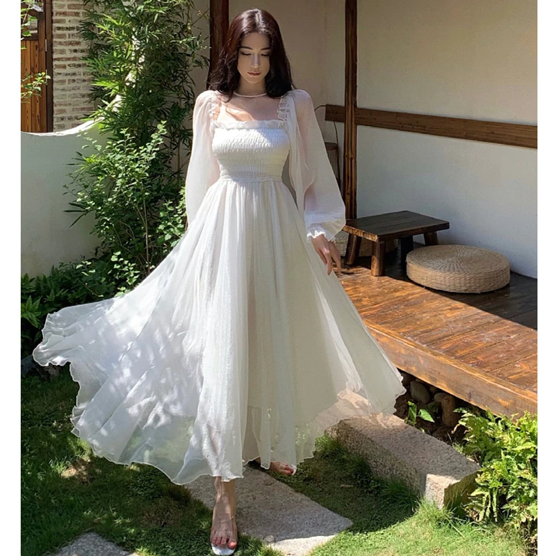 Horetong Elegant Maxi Dresses For Women White Off Shoulder Puff Long Sleeve Elastic High Waist Party Gown Ruffle Holiday Dress