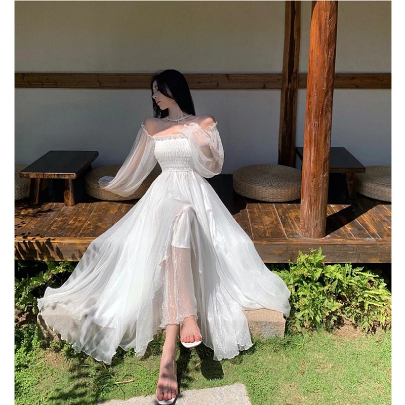 Horetong Elegant Maxi Dresses For Women White Off Shoulder Puff Long Sleeve Elastic High Waist Party Gown Ruffle Holiday Dress