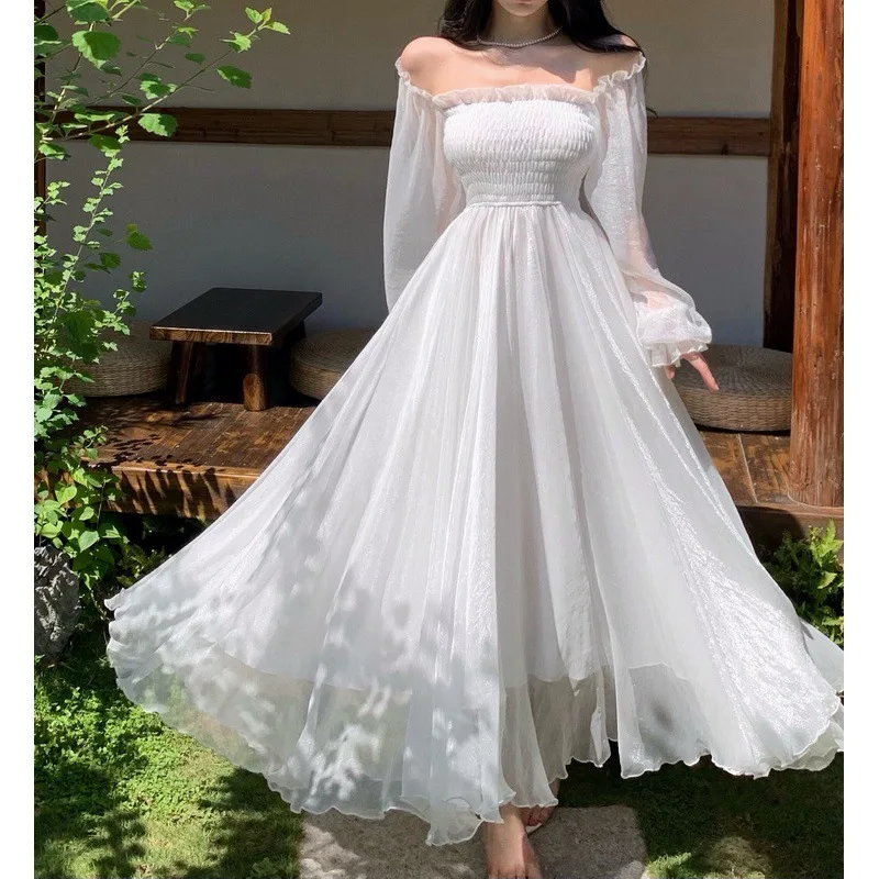 Horetong Elegant Maxi Dresses For Women White Off Shoulder Puff Long Sleeve Elastic High Waist Party Gown Ruffle Holiday Dress