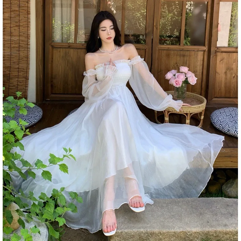 Horetong Elegant Maxi Dresses For Women White Off Shoulder Puff Long Sleeve Elastic High Waist Party Gown Ruffle Holiday Dress