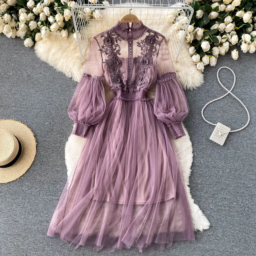 Ladies Dress Three-dimensional Flower Hook Mesh Temperament Stand Collar Lantern Sleeve High Waist Slim Female Dresses Ladies Dress Three-dimensional Flower Hook Mesh Temperament Stand Collar Lantern Sleeve High Waist Slim Female Dresses