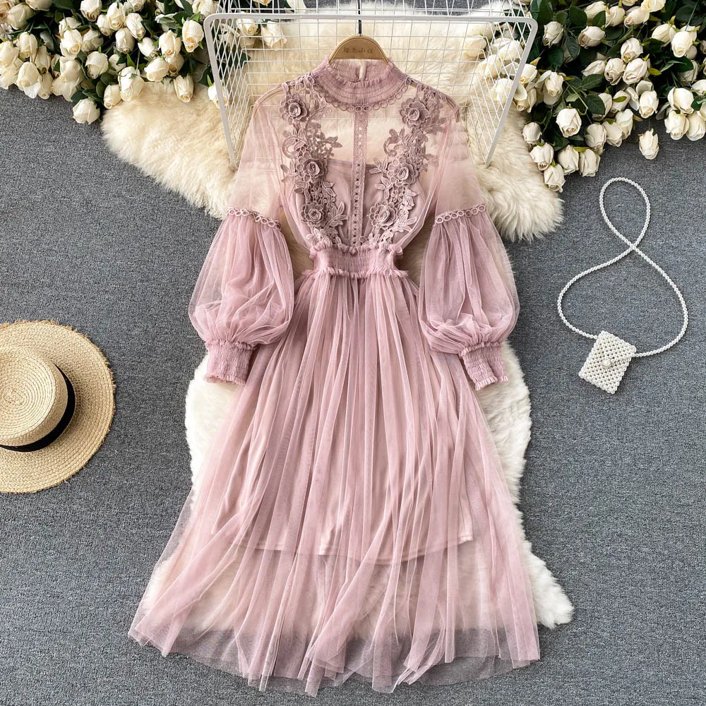 Ladies Dress Three-dimensional Flower Hook Mesh Temperament Stand Collar Lantern Sleeve High Waist Slim Female Dresses Ladies Dress Three-dimensional Flower Hook Mesh Temperament Stand Collar Lantern Sleeve High Waist Slim Female Dresses