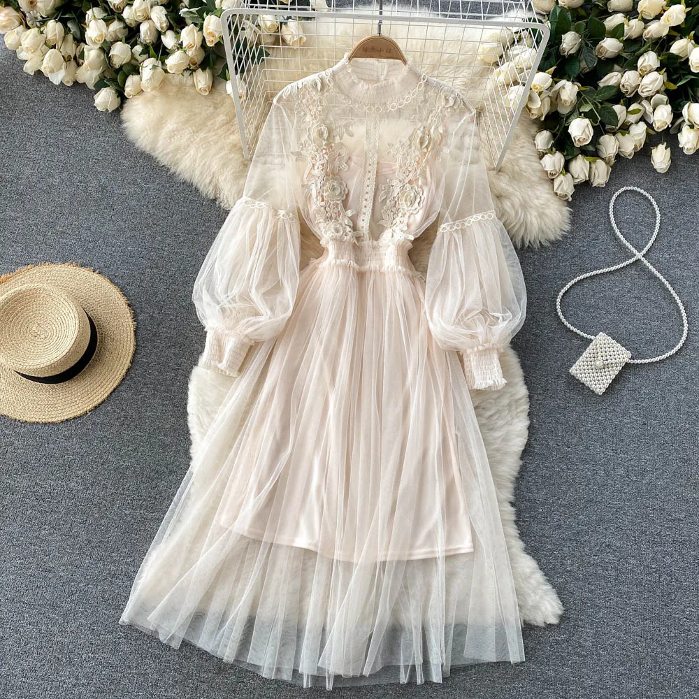 Ladies Dress Three-dimensional Flower Hook Mesh Temperament Stand Collar Lantern Sleeve High Waist Slim Female Dresses Ladies Dress Three-dimensional Flower Hook Mesh Temperament Stand Collar Lantern Sleeve High Waist Slim Female Dresses