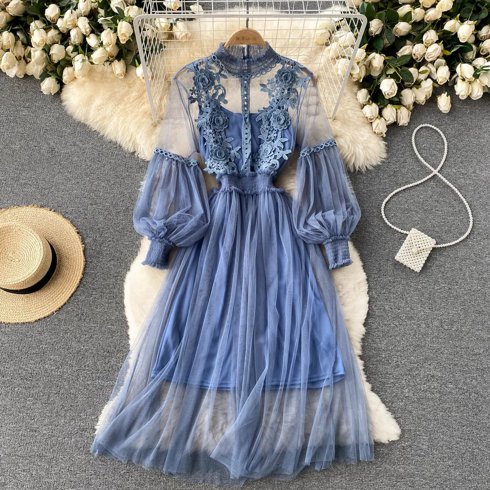 Ladies Dress Three-dimensional Flower Hook Mesh Temperament Stand Collar Lantern Sleeve High Waist Slim Female Dresses Ladies Dress Three-dimensional Flower Hook Mesh Temperament Stand Collar Lantern Sleeve High Waist Slim Female Dresses