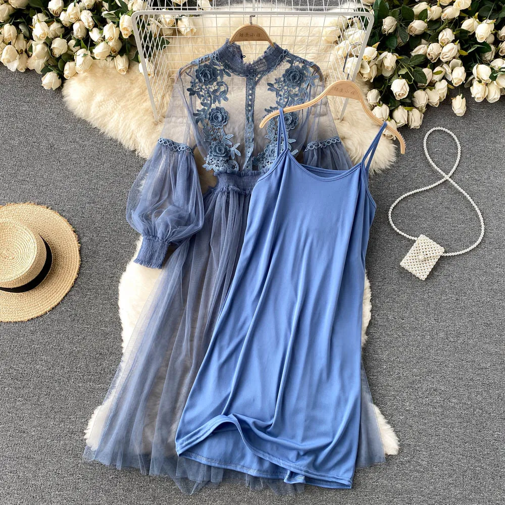 Ladies Dress Three-dimensional Flower Hook Mesh Temperament Stand Collar Lantern Sleeve High Waist Slim Female Dresses Ladies Dress Three-dimensional Flower Hook Mesh Temperament Stand Collar Lantern Sleeve High Waist Slim Female Dresses
