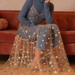 Spaghetti Straps Tulle Dresses Women Long Maxi Dresses Fashion Bling Bling See Through V-neck Party Dresses For Women 2025