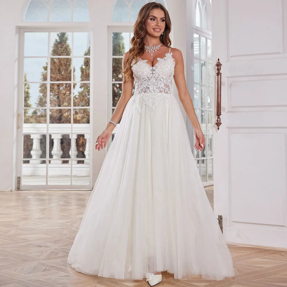 Elegant Tulle Appliques Wedding Dresses For Women 2024 Spaghetti Straps Lace Long Ball Gown For Women Bridal Party Gown