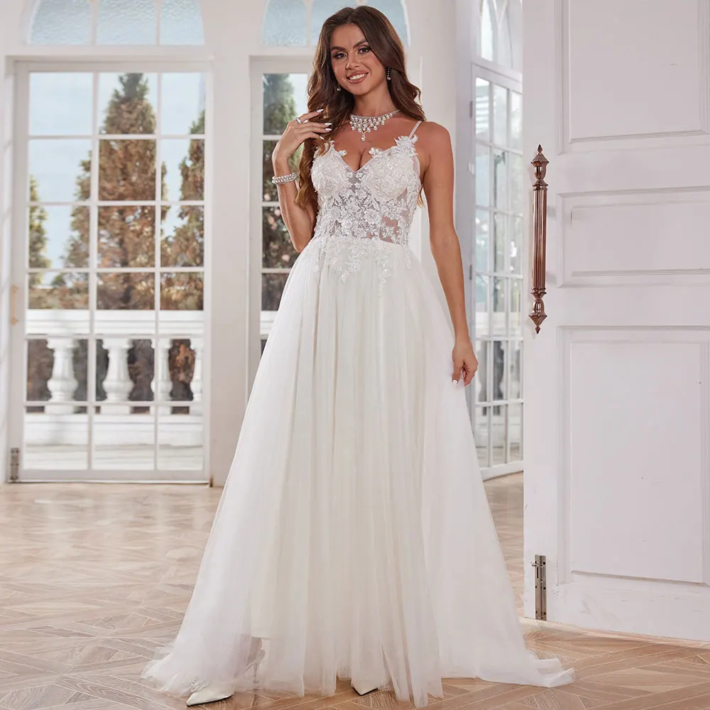 Elegant Tulle Appliques Wedding Dresses For Women 2024 Spaghetti Straps Lace Long Ball Gown For Women Bridal Party Gown