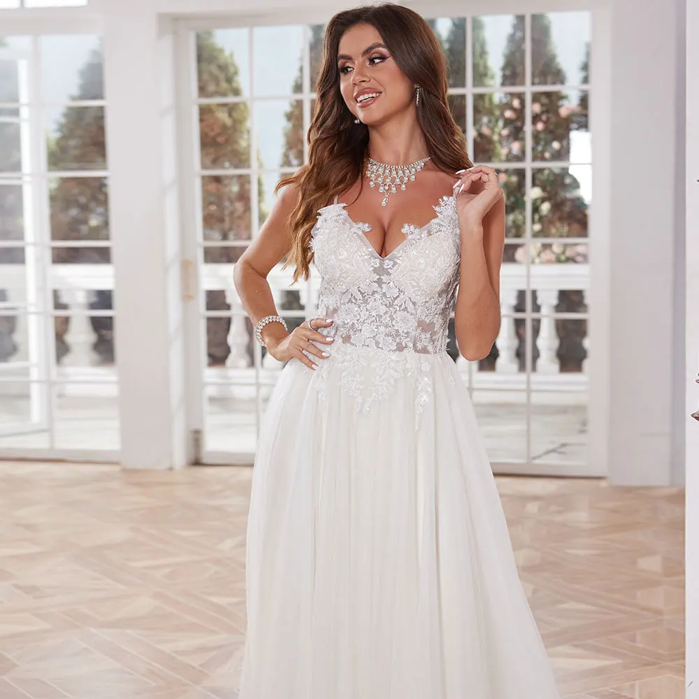 Elegant Tulle Appliques Wedding Dresses For Women 2024 Spaghetti Straps Lace Long Ball Gown For Women Bridal Party Gown
