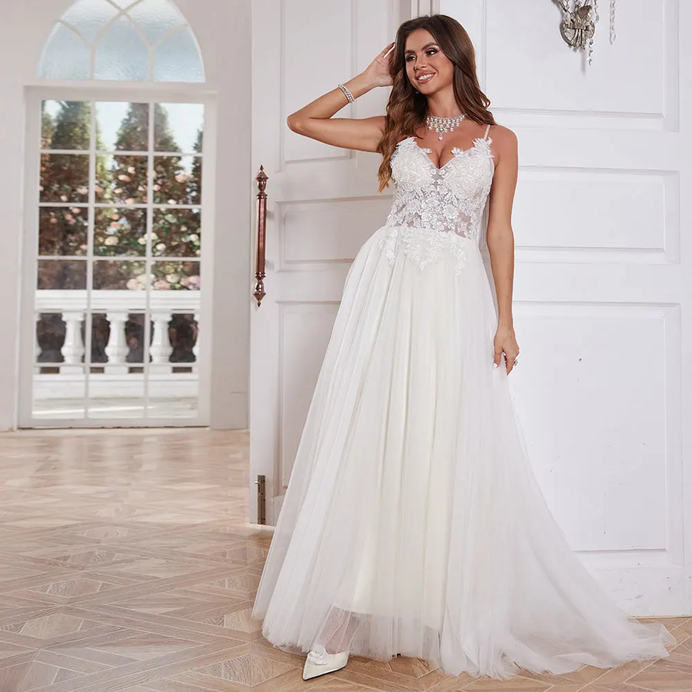 Elegant Tulle Appliques Wedding Dresses For Women 2024 Spaghetti Straps Lace Long Ball Gown For Women Bridal Party Gown