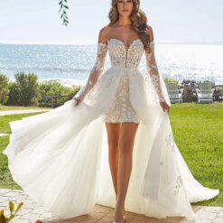 Short Wedding Dress Summer Wedding Gown for Women 2 Pcs Bridal Dress with Detachable Train Off Shoulder Bridal Gown