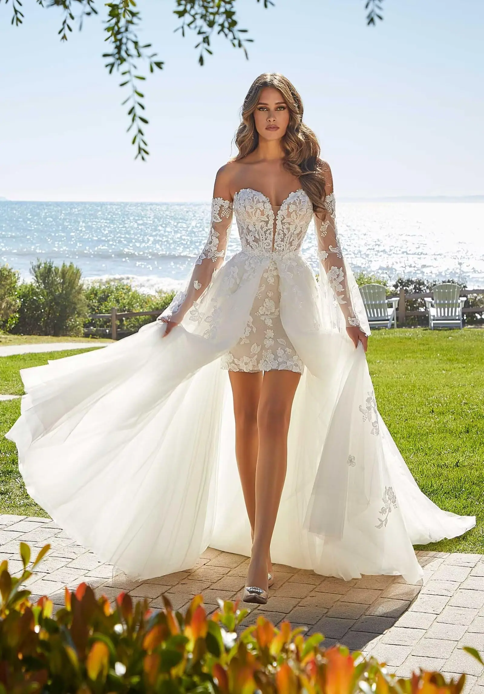 Short Wedding Dress Summer Wedding Gown for Women 2 Pcs Bridal Dress with Detachable Train Off Shoulder Bridal Gown Short Wedding Dress Summer Wedding Gown for Women 2 Pcs Bridal Dress with Detachable Train Off Shoulder Bridal Gown