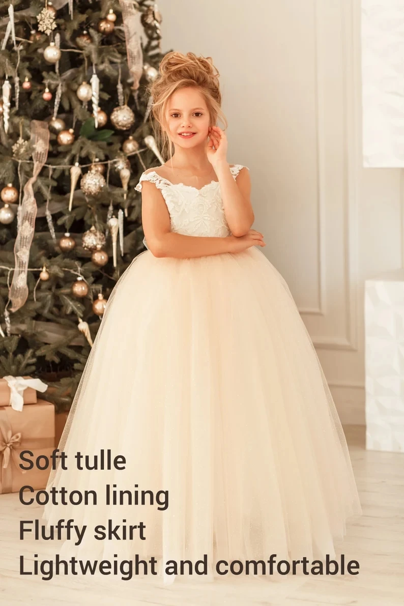 MisShow Lace Flower Girl Dresses for Kid Child Wedding Party Princess Dress Floral Bodice Tulle Ball Gown First Communion Dress