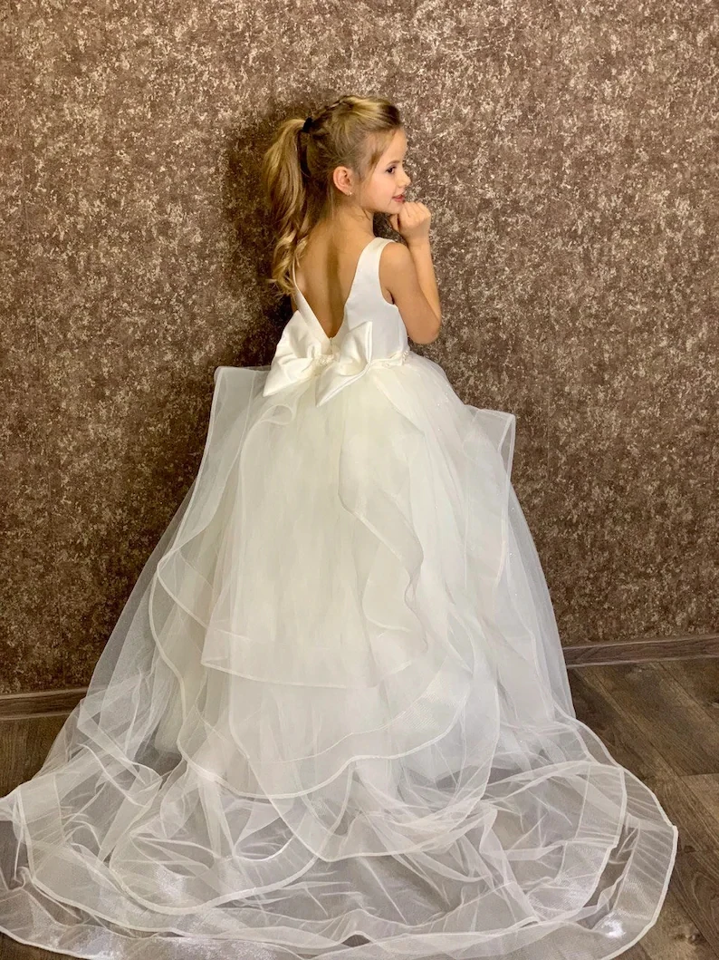 MisShow Lace Flower Girl Dresses for Kid Child Wedding Party Princess Dress Floral Bodice Tulle Ball Gown First Communion Dress