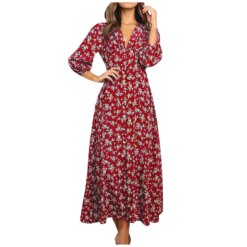 Womens Long Sleeve Bohemian Floral Maxi Dresses Loose Casual High Waist Boho Printed Maxi Dress Beach Dress Vestido Feminino