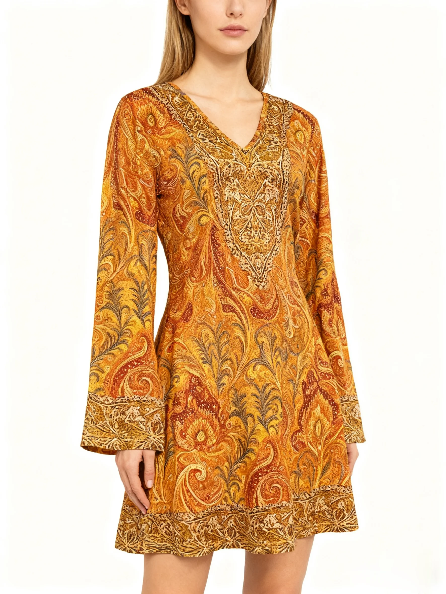 Boho Retro V-Neck Paisley Orange Yellow Bell Sleeve Dress Loose A-Line Midi Dress Spring Autumn Casual Women's Dress