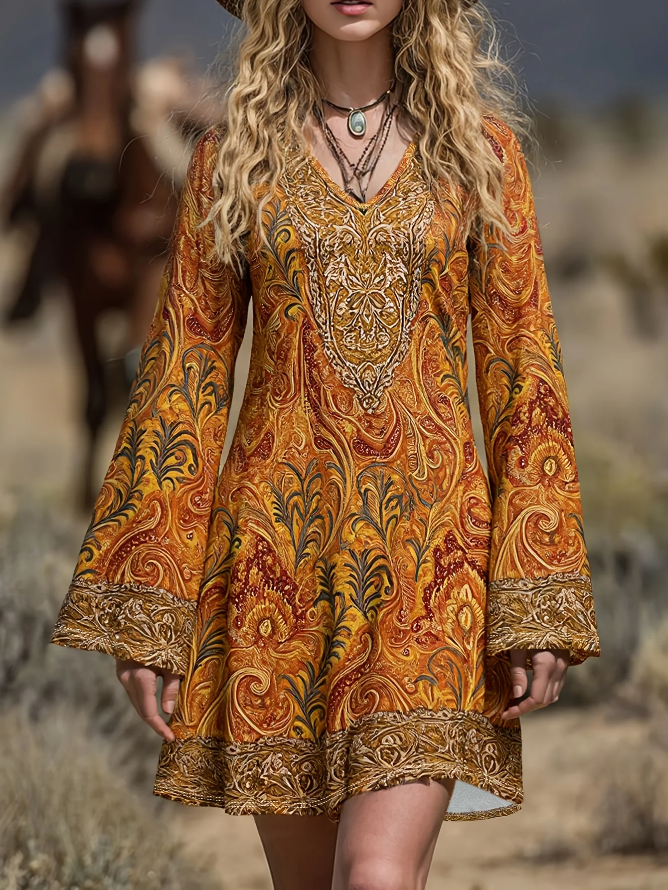 Boho Retro V-Neck Paisley Orange Yellow Bell Sleeve Dress Loose A-Line Midi Dress Spring Autumn Casual Women's Dress