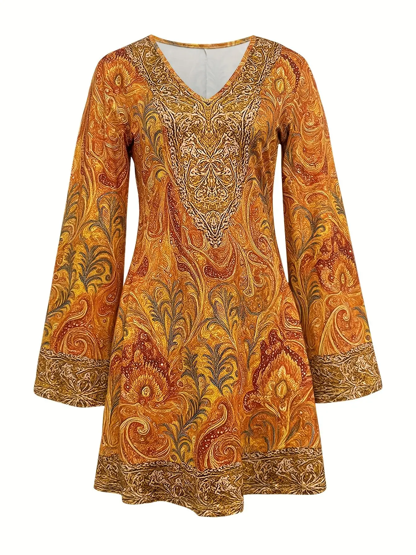 Boho Retro V-Neck Paisley Orange Yellow Bell Sleeve Dress Loose A-Line Midi Dress Spring Autumn Casual Women's Dress