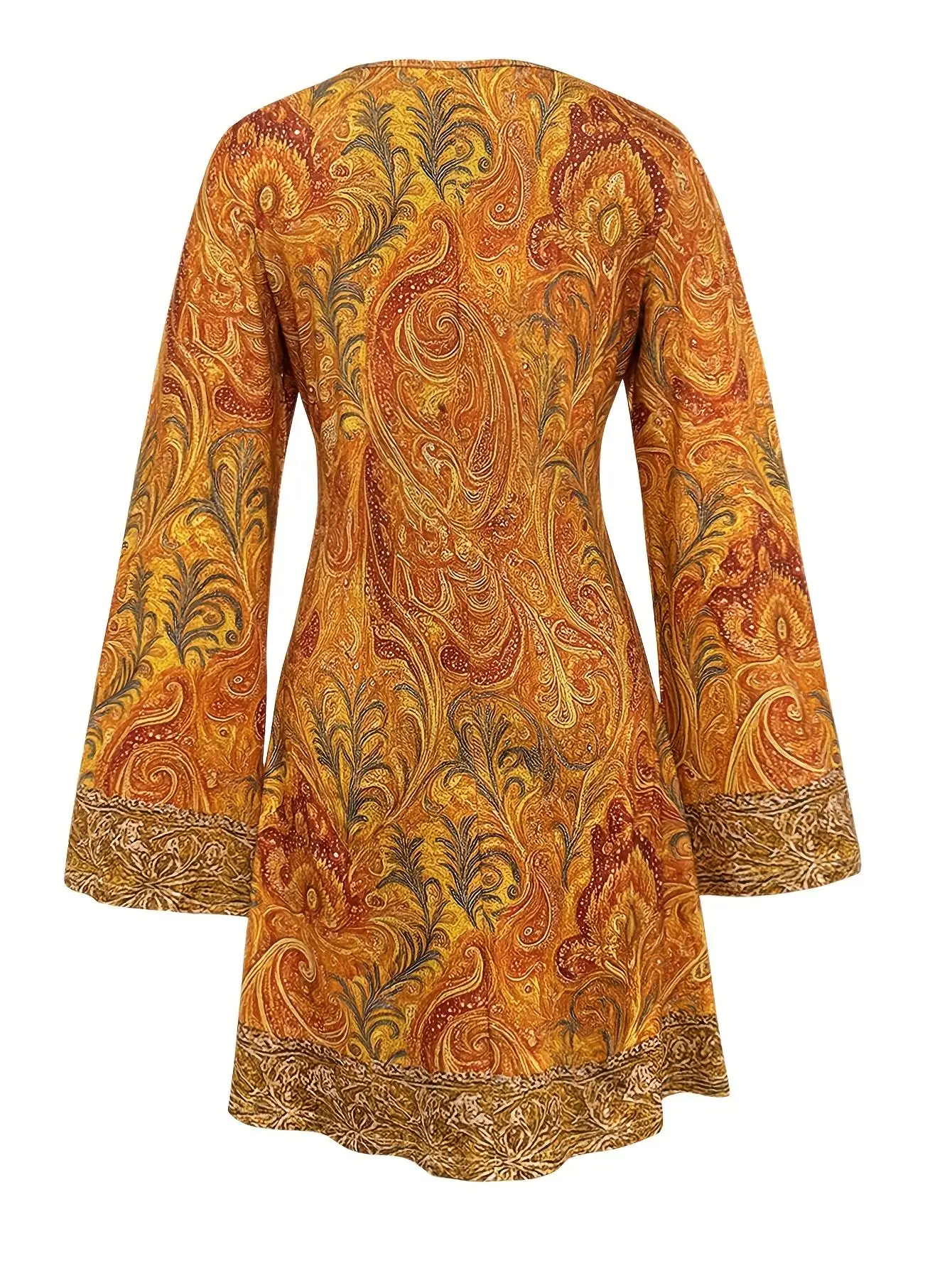 Boho Retro V-Neck Paisley Orange Yellow Bell Sleeve Dress Loose A-Line Midi Dress Spring Autumn Casual Women's Dress