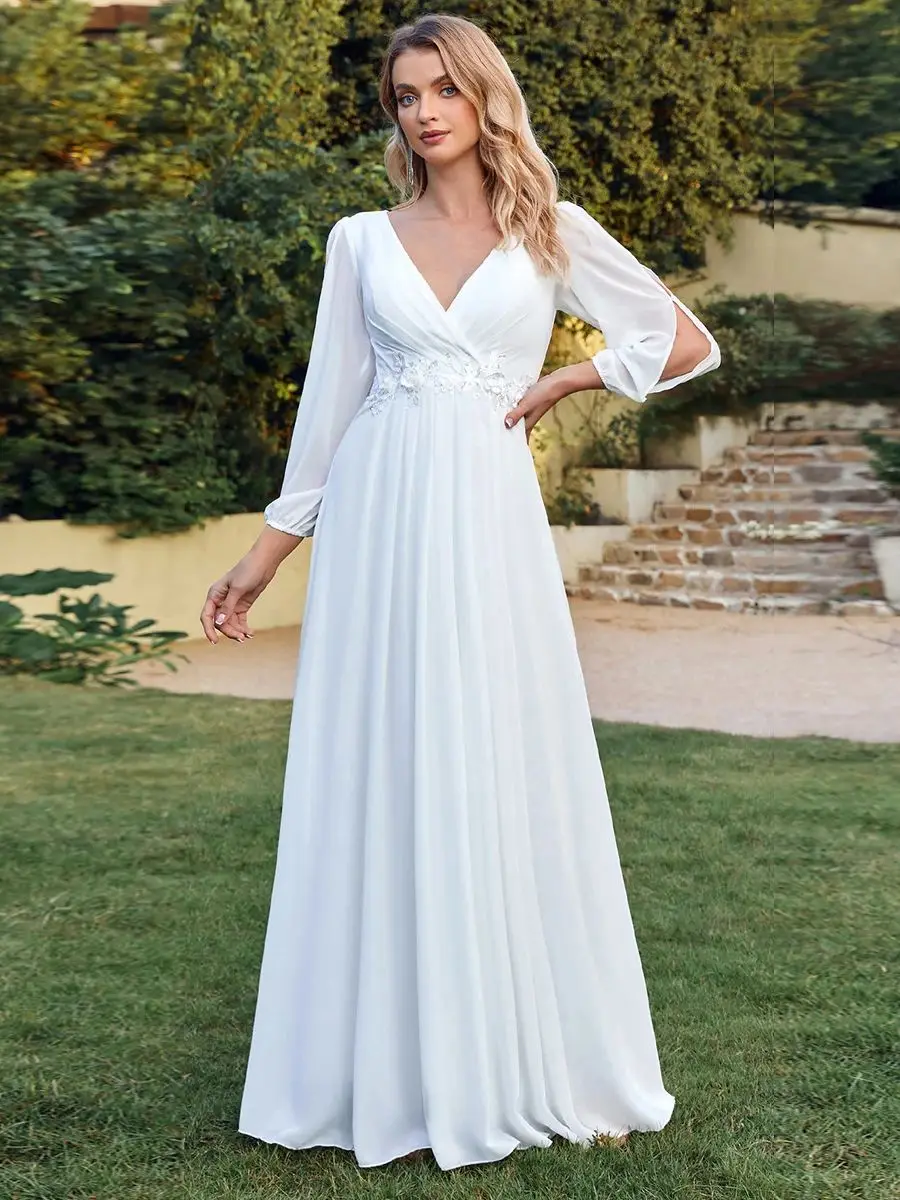 BABYONLINE Boho Wedding Dresses Chic and Simple V Neck Long Sleeves Applique A Line Chiffon Maxi Skirt For 2025 Bride