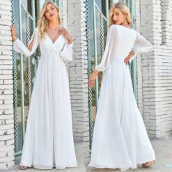 BABYONLINE Boho Wedding Dresses Chic and Simple V Neck Long Sleeves Applique A Line Chiffon Maxi Skirt For 2025 Bride