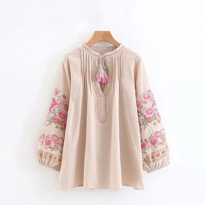 Happie Queens Vintage Chic Women Bohemian Tassel Beach Floral Embroidery Linen Cotton Blouse Loose Boho Shirts Blusa