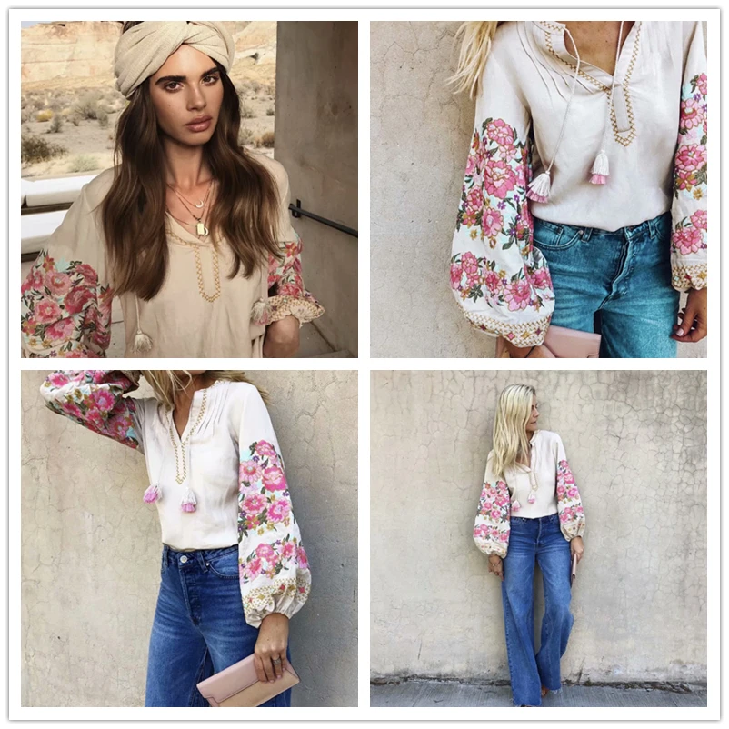 Happie Queens Vintage Chic Women Bohemian Tassel Beach Floral Embroidery Linen Cotton Blouse Loose Boho Shirts Blusa