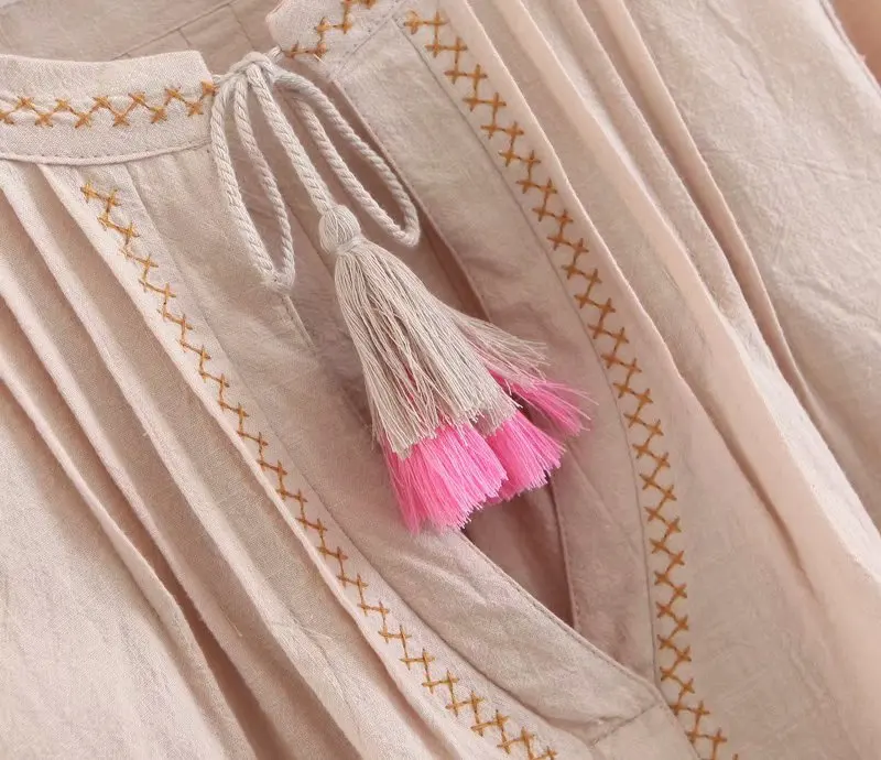 Happie Queens Vintage Chic Women Bohemian Tassel Beach Floral Embroidery Linen Cotton Blouse Loose Boho Shirts Blusa