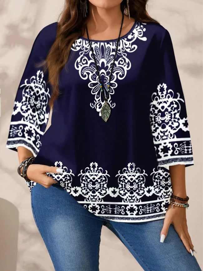 Plus Size Women's Boho Print T - Shirt, Navy Blue with White Floral Patterns, 3/4 Sleeves, Super Comfy for Daily Casual Wear Plus Size Women's Boho Print T - Shirt, Navy Blue with White Floral Patterns, 3/4 Sleeves, Super Comfy for Daily Casual Wear
