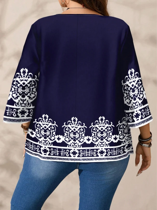 Plus Size Women's Boho Print T - Shirt, Navy Blue with White Floral Patterns, 3/4 Sleeves, Super Comfy for Daily Casual Wear Plus Size Women's Boho Print T - Shirt, Navy Blue with White Floral Patterns, 3/4 Sleeves, Super Comfy for Daily Casual Wear