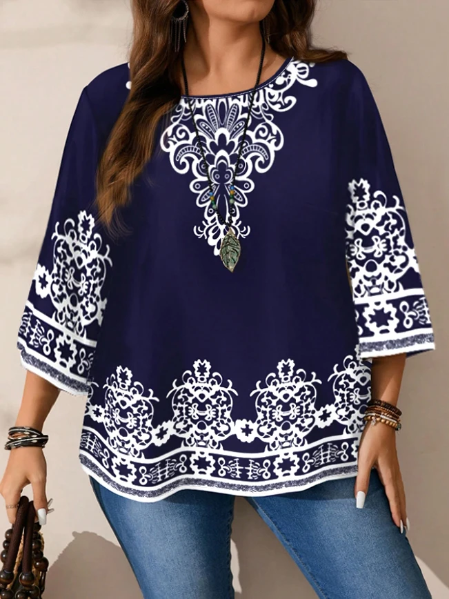 Plus Size Women's Boho Print T - Shirt, Navy Blue with White Floral Patterns, 3/4 Sleeves, Super Comfy for Daily Casual Wear Plus Size Women's Boho Print T - Shirt, Navy Blue with White Floral Patterns, 3/4 Sleeves, Super Comfy for Daily Casual Wear