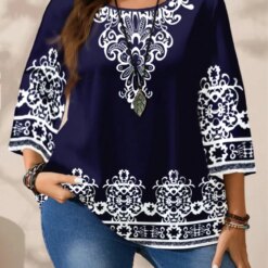 Plus Size Women's Boho Print T - Shirt, Navy Blue with White Floral Patterns, 3/4 Sleeves, Super Comfy for Daily Casual Wear