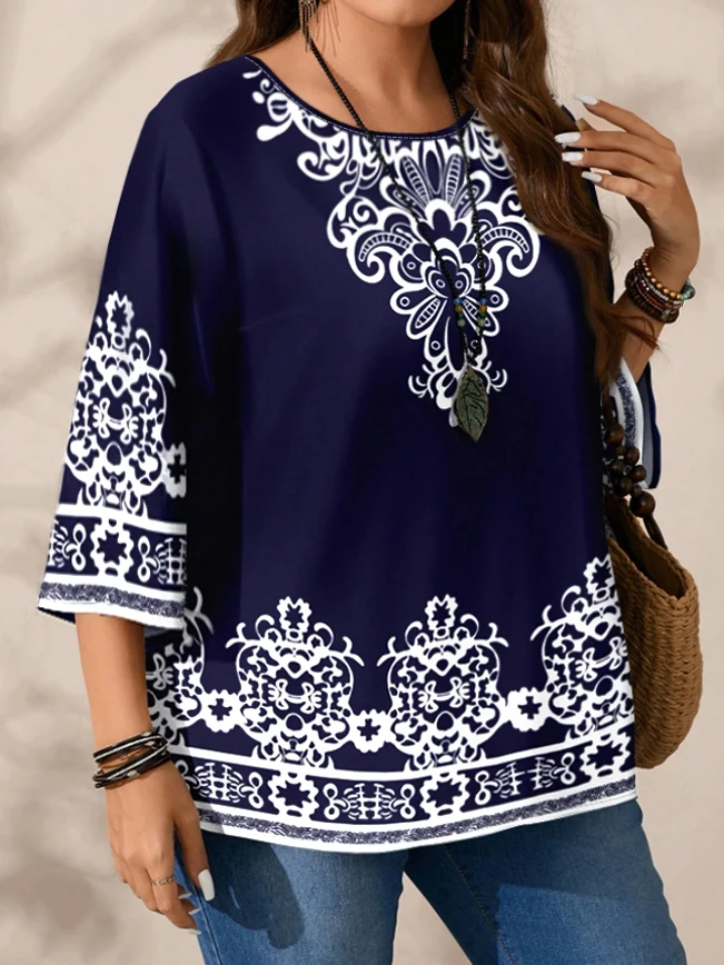 Plus Size Women's Boho Print T - Shirt, Navy Blue with White Floral Patterns, 3/4 Sleeves, Super Comfy for Daily Casual Wear Plus Size Women's Boho Print T - Shirt, Navy Blue with White Floral Patterns, 3/4 Sleeves, Super Comfy for Daily Casual Wear