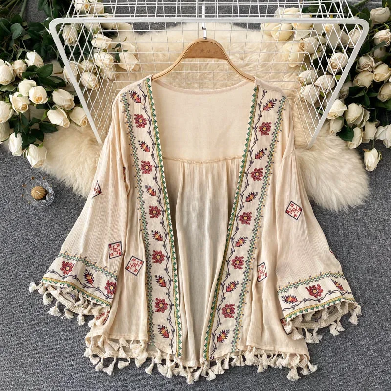 Summer Women's Shirt Bohemian Holiday Style Embroidered Tassel Chiffon Cardigan New Waist Female Slim Short Tops