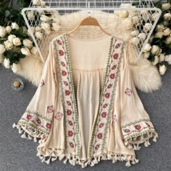 Summer Women's Shirt Bohemian Holiday Style Embroidered Tassel Chiffon Cardigan New Waist Female Slim Short Tops