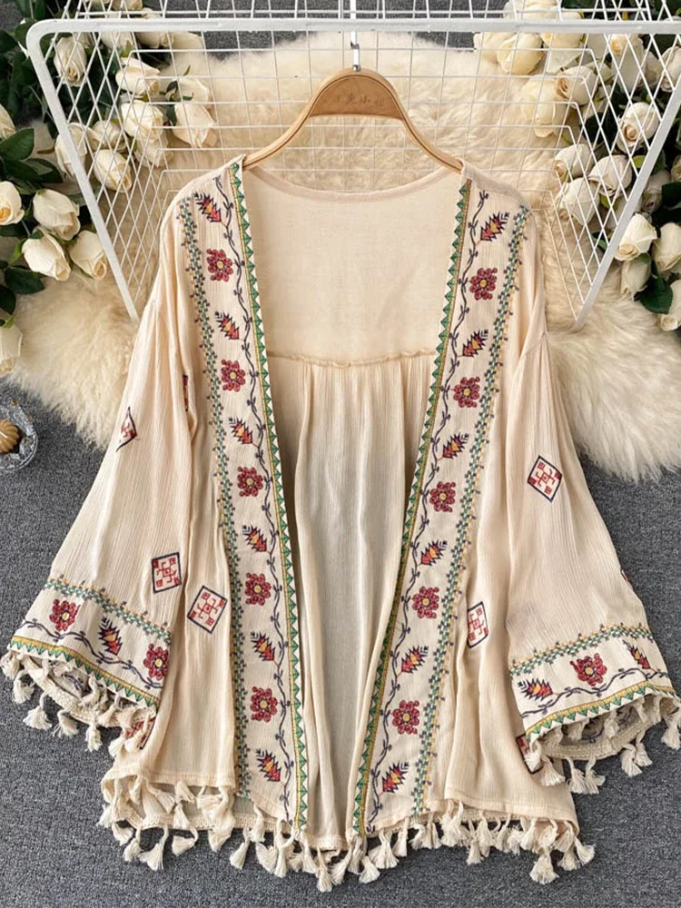 Summer Women's Shirt Bohemian Holiday Style Embroidered Tassel Chiffon Cardigan New Waist Female Slim Short Tops