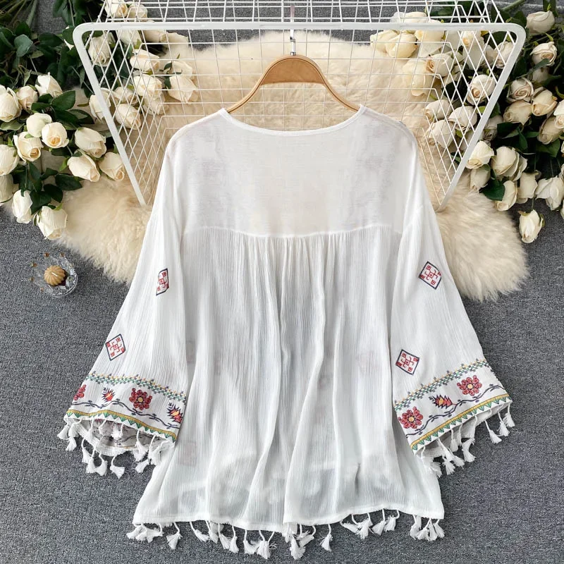 Summer Women's Shirt Bohemian Holiday Style Embroidered Tassel Chiffon Cardigan New Waist Female Slim Short Tops