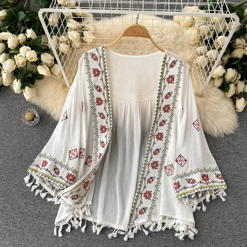 Summer Women's Shirt Bohemian Holiday Style Embroidered Tassel Chiffon Cardigan New Waist Female Slim Short Tops