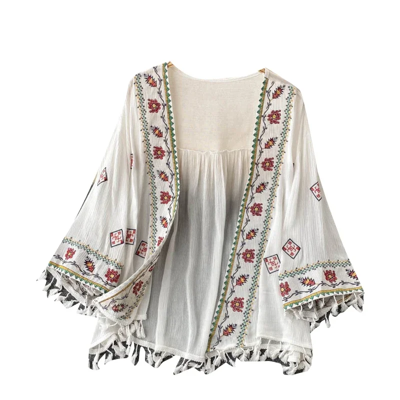 Summer Women's Shirt Bohemian Holiday Style Embroidered Tassel Chiffon Cardigan New Waist Female Slim Short Tops