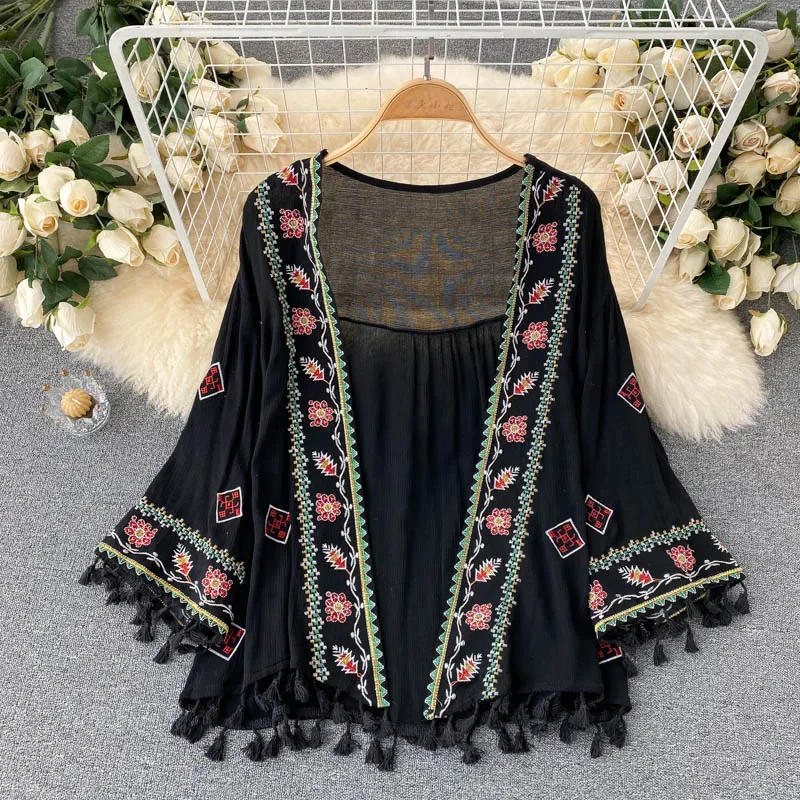 Summer Women's Shirt Bohemian Holiday Style Embroidered Tassel Chiffon Cardigan New Waist Female Slim Short Tops