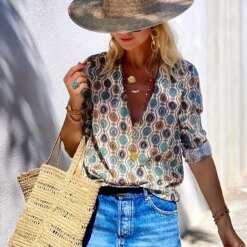 Boho Graphic Print Blouse, V Neck Long Sleeve Blouse, Women's Long Sleeve Cowl Neck Form Fitting Casual Tunic Top Blouse