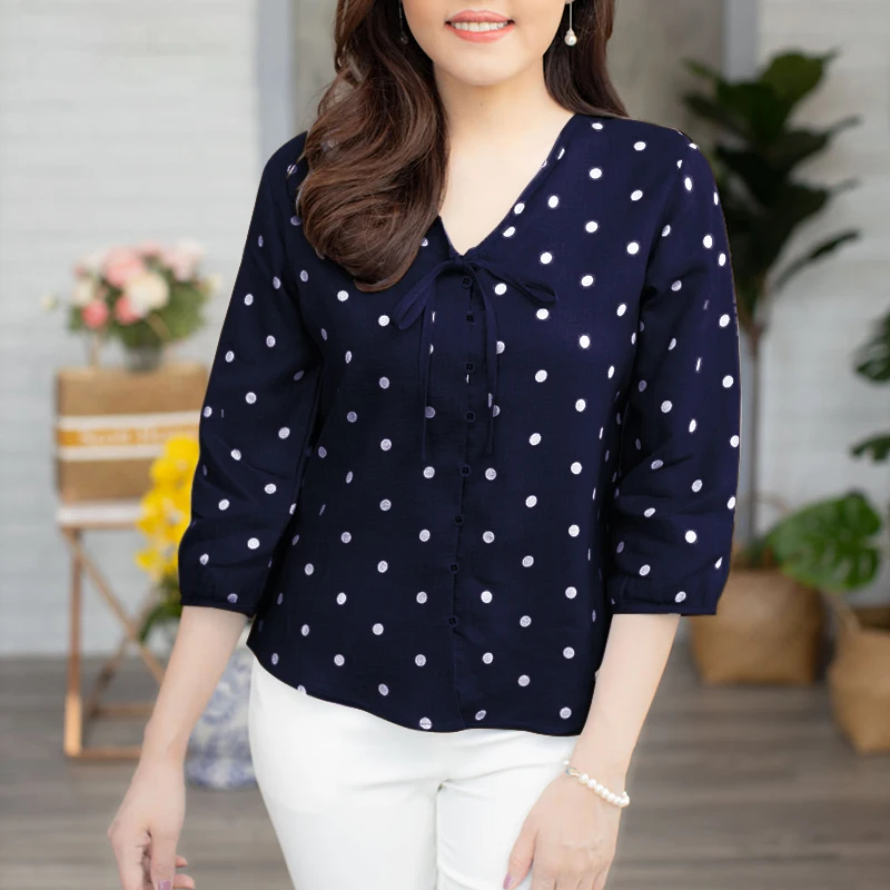 ZANZEA 2025 Summer Polka Dot Bohemian Blouse Fashion 3/4 Puff Sleeve Shirts Casual Loose Lace Up Tops Tunics Blusas Femininas