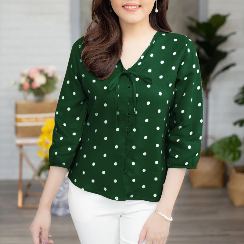 ZANZEA 2025 Summer Polka Dot Bohemian Blouse Fashion 3/4 Puff Sleeve Shirts Casual Loose Lace Up Tops Tunics Blusas Femininas