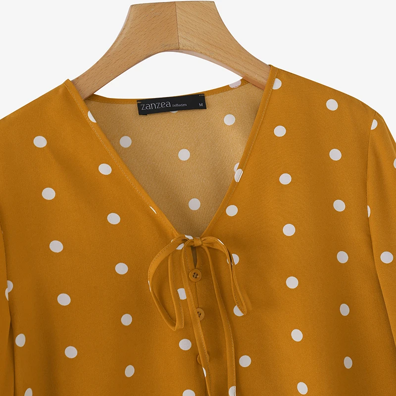 ZANZEA 2025 Summer Polka Dot Bohemian Blouse Fashion 3/4 Puff Sleeve Shirts Casual Loose Lace Up Tops Tunics Blusas Femininas