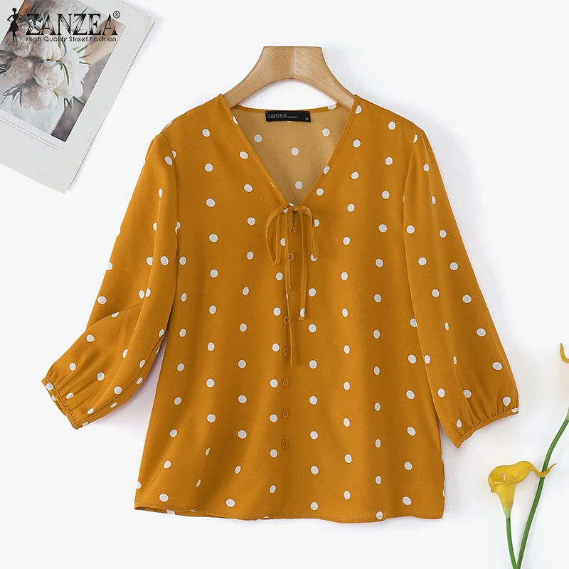 ZANZEA 2025 Summer Polka Dot Bohemian Blouse Fashion 3/4 Puff Sleeve Shirts Casual Loose Lace Up Tops Tunics Blusas Femininas