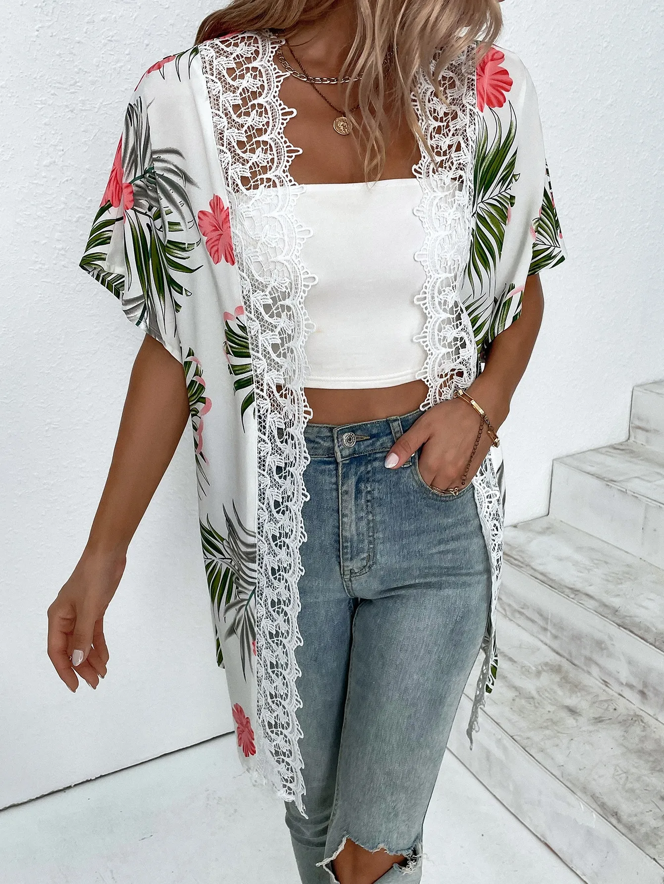 Summer Bohemian Lady Clothing Women's Beach Flower Print Lace Patchwork Fashionable Vacation Shirt Cardigan