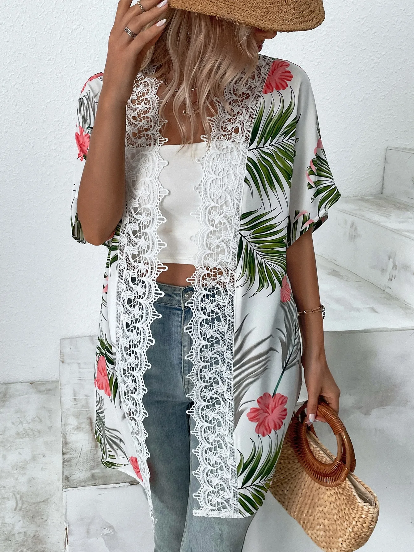 Summer Bohemian Lady Clothing Women's Beach Flower Print Lace Patchwork Fashionable Vacation Shirt Cardigan