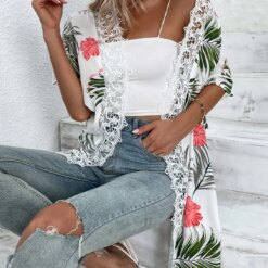 Summer Bohemian Lady Clothing Women's Beach Flower Print Lace Patchwork Fashionable Vacation Shirt Cardigan